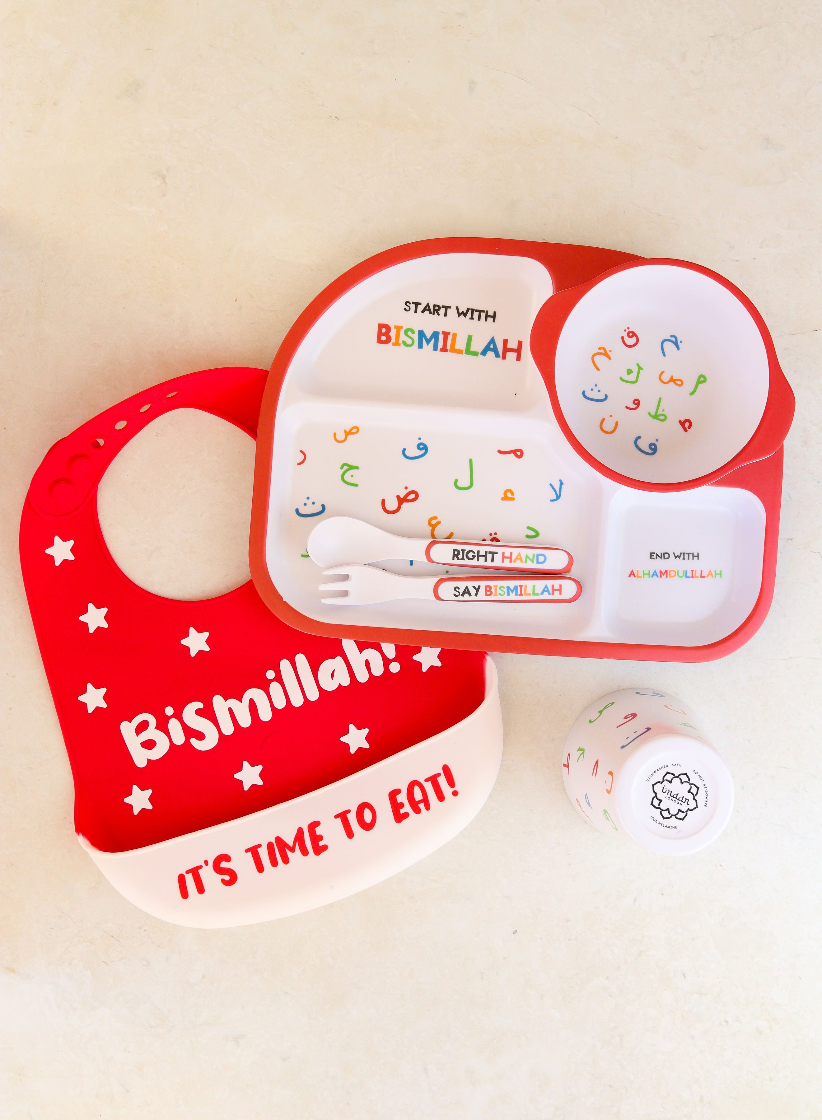 Arabic Alphabet Tableware + Bib bundle – Imaan Kidz